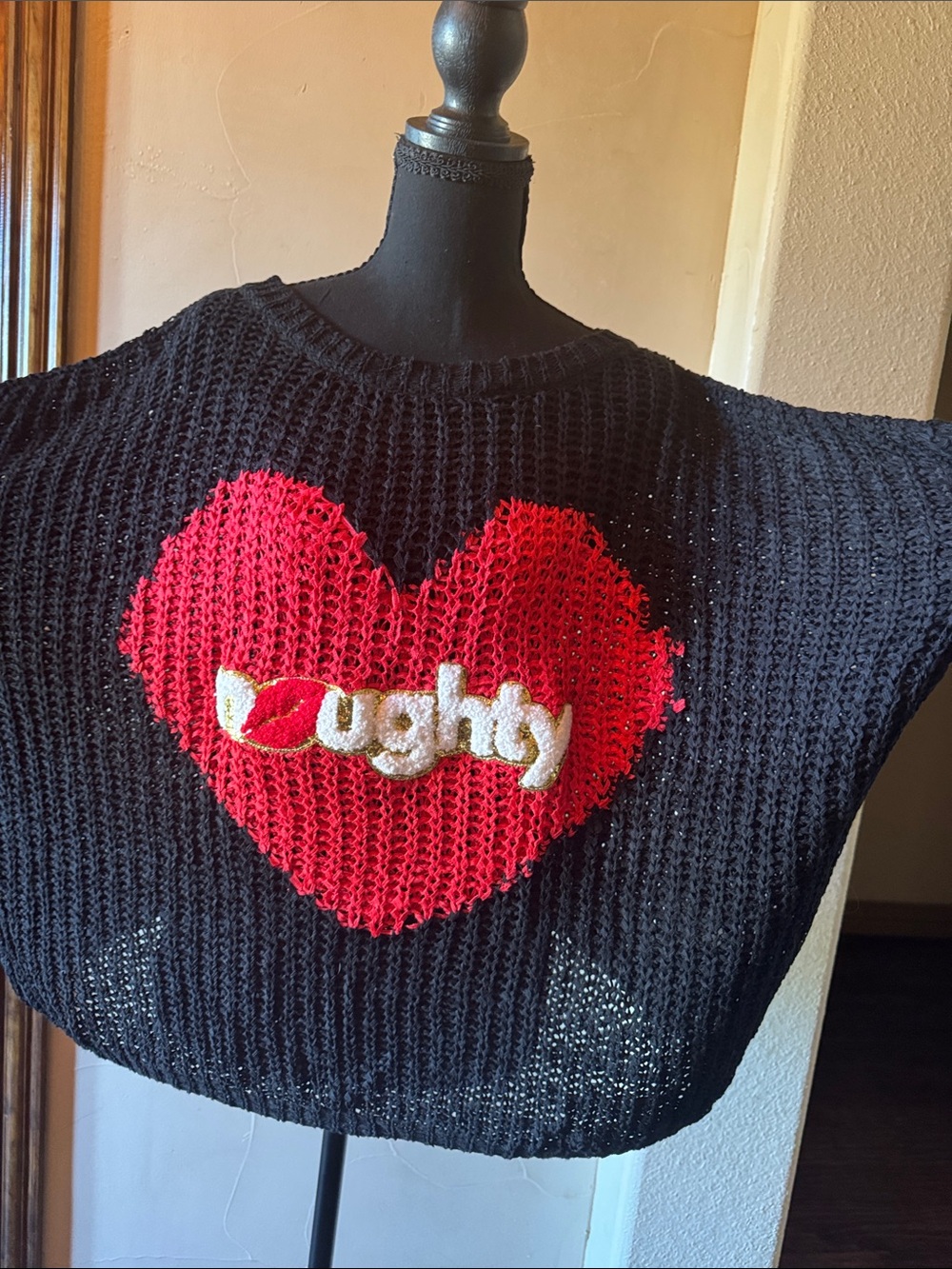 Black Knit Women's Sweater with Red Heart 'Naughty' Embroidery
